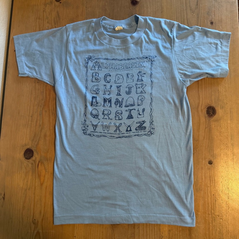 Vintage 70s Alphabeasts Robert Bloomberg Shirt Size Medium Blue Single Stitch